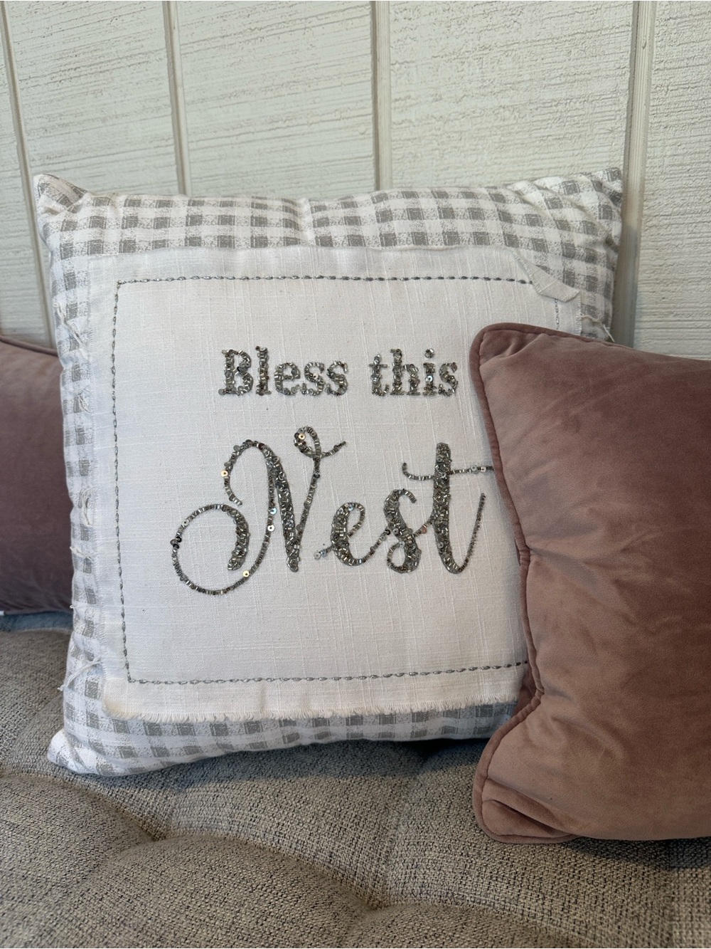 Embroidered "Bless this Nest" Decorative Throw Pillow - White & Gray